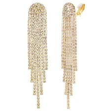 Gold Tone Clear Long Crystal Tassel Clip on Earrings Fringe for Wedding Women Br