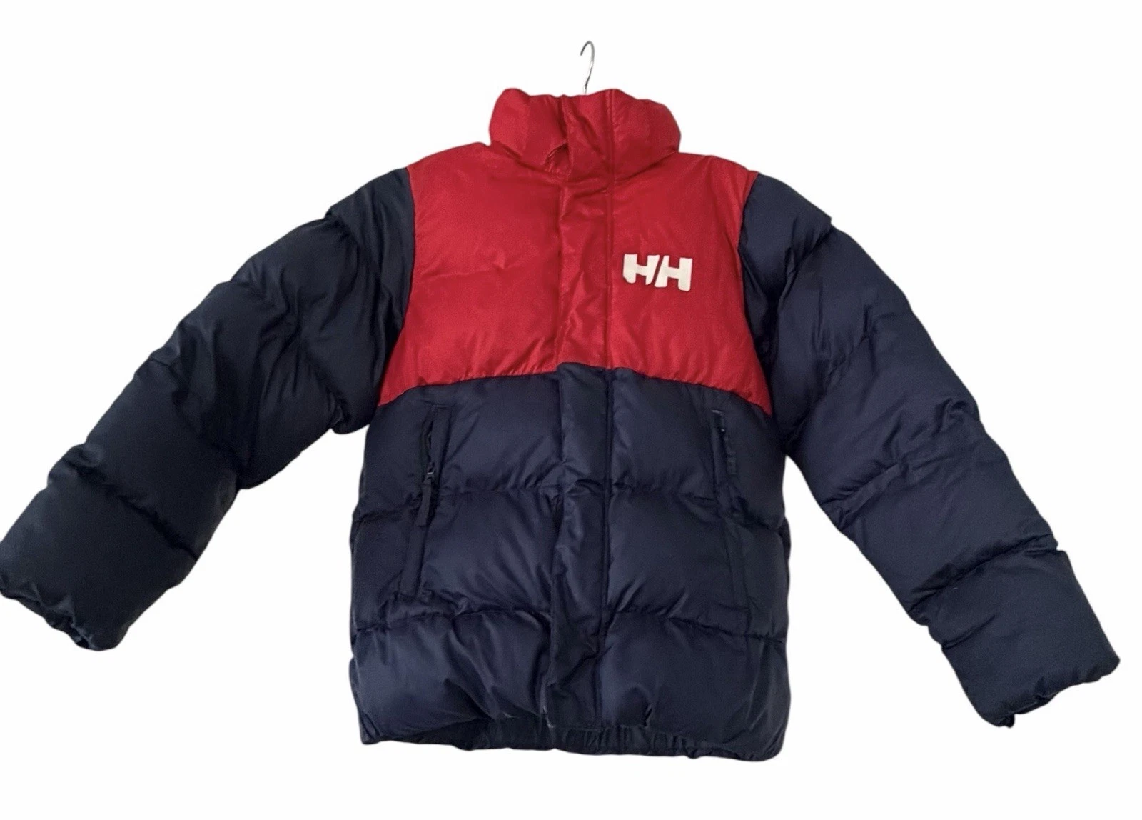 Helly Hansen Vision Puffy Jacket •Boy 140/ 10• Navy Red Hooded Puffer Coat $190