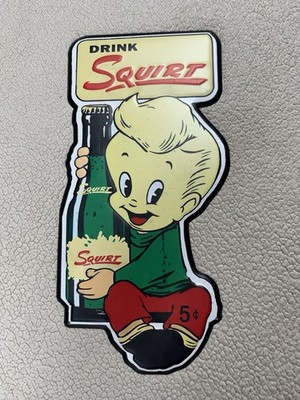Vintage Drink Squirt Five Cents Cut Out Metal Sign 20x10