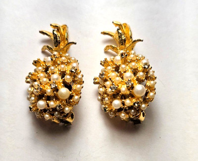Vintage Alice Caviness Pineapple Earrings Gold Pearl Rhinestone Clip Ons