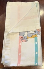 Vtg 80s 90s Dundee Baby Receiving Blanket Satin Trim Sleeping Bears Cotton EUC