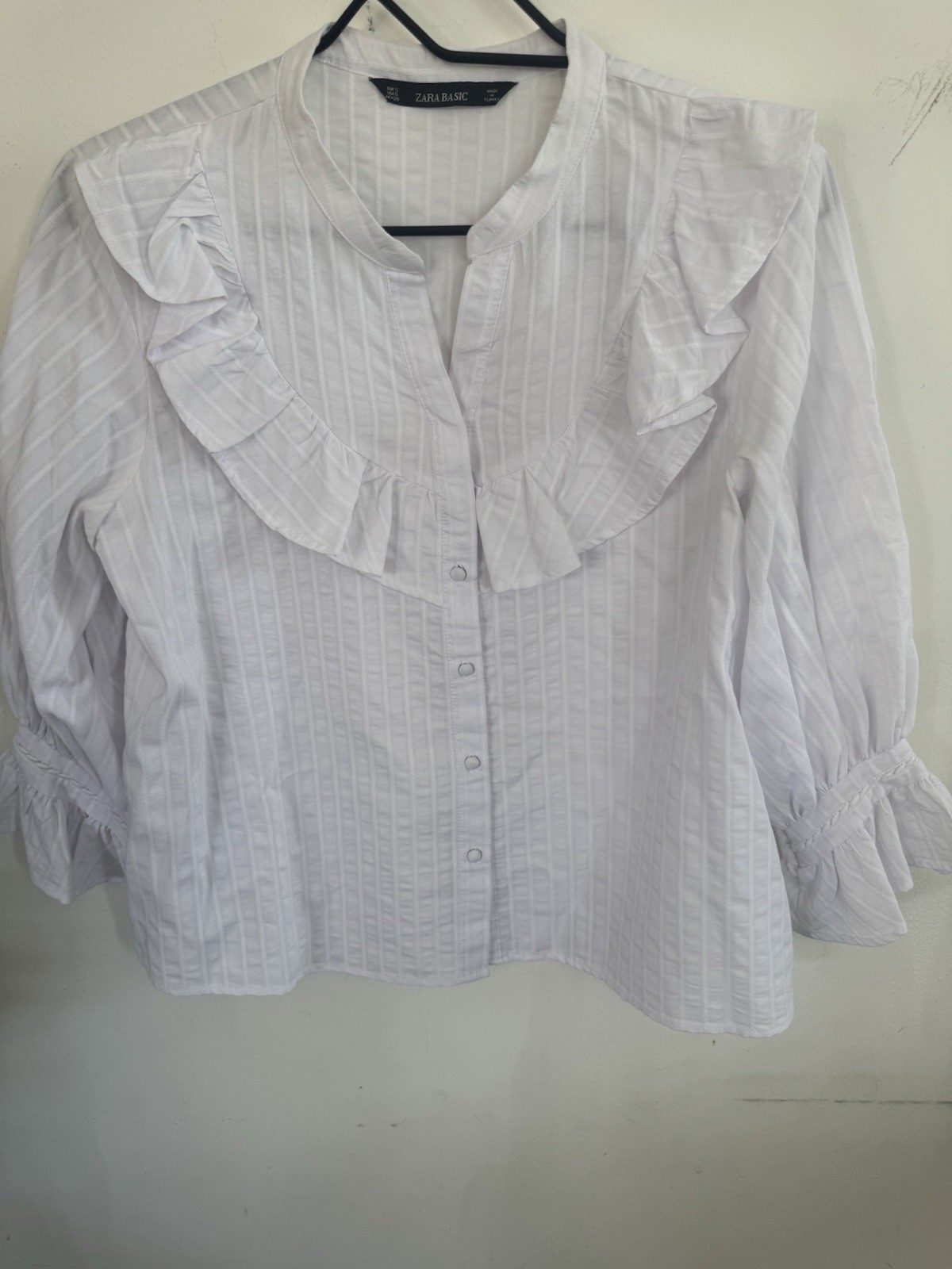 ZARA BASIC White Striped Ruffle Button Collarless… - image 4
