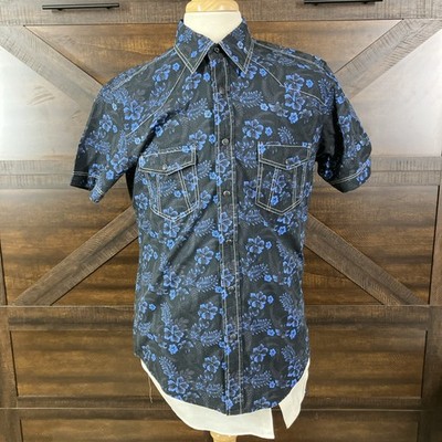 Rock & Roll Cowboy Shirt Mens M Blue Black Floral Pearlsnap Western Long Sleeve