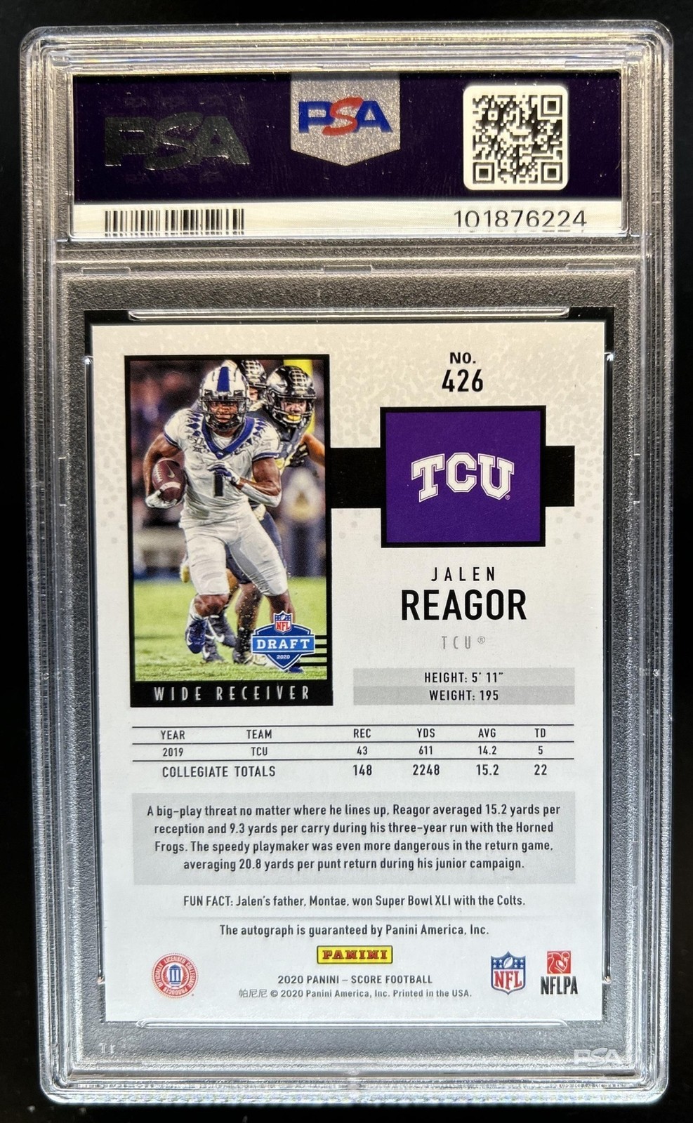 2020 Panini Score Jalen Reagor Signatures RC Rookie Auto #426 Horned Frogs PSA 9 view 2