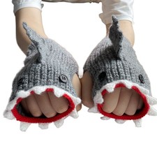 Crochet Shark Fingerless Gloves, Women  s Knitted Patchwork Embroidered Gloves