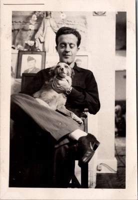 Vintage 1946 Snapshot Photo Handsome Man Smiling Holding Small Dog Puppy Black &