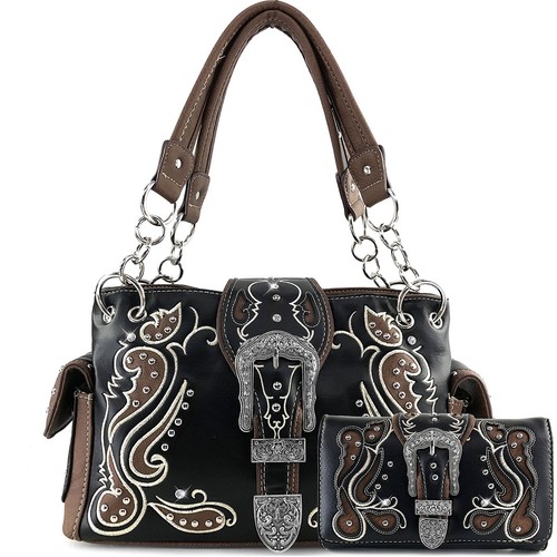 Justin West Concealed Carry Paisley Flower Buckle Embroidered Laser Cut Handbag - Picture 12 of 92