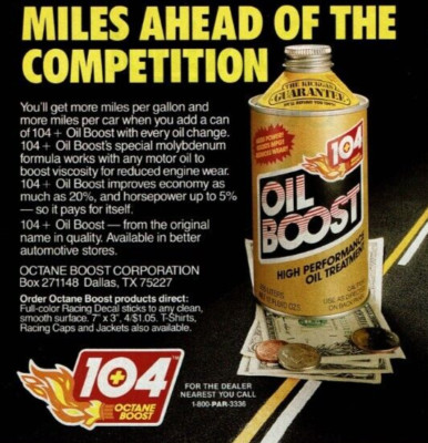1989 Vintage Print Ad 104+ Octane Oil Boost Miles Ahead of The Competition