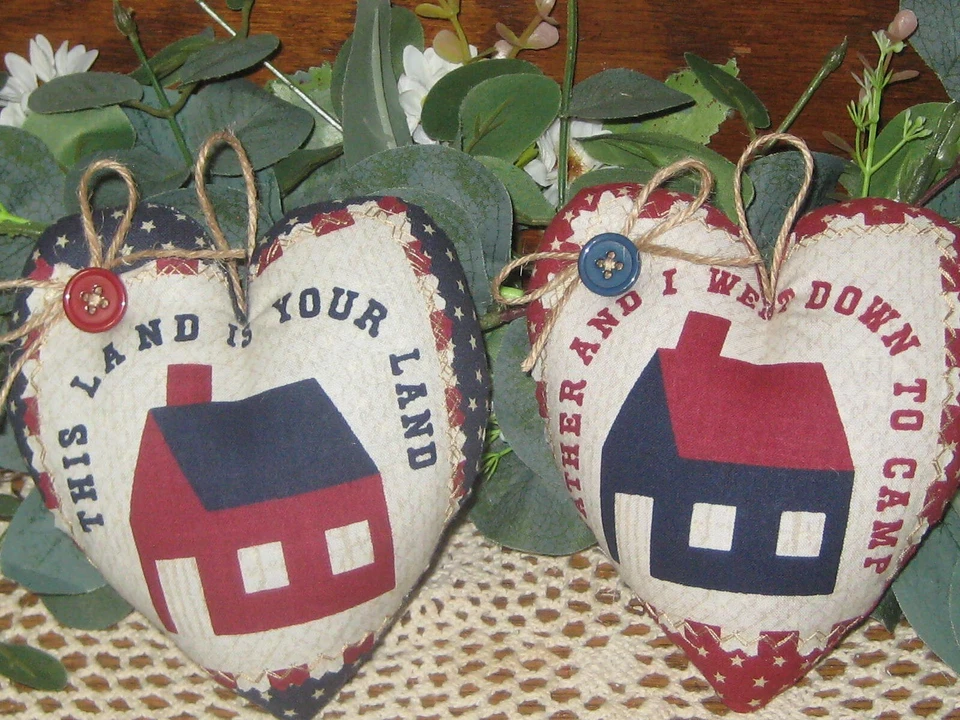 Decoração patriótica 6 corações feitos à mão Memorial Day tecido americano tigela enchimentos - Imagem 2 de 4