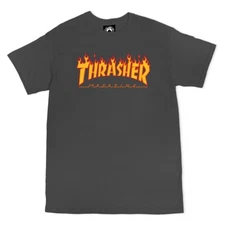 Thrasher Magazine FLAMES LOGO Skateboard T Shirt CHARCOAL