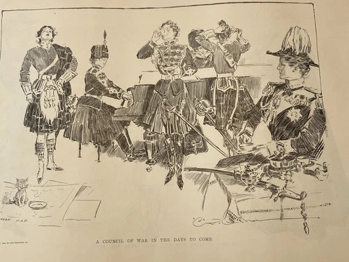 1907 Antique Art Print COUNCIL OF WAR Military Women Charles Dana Gibson Girls