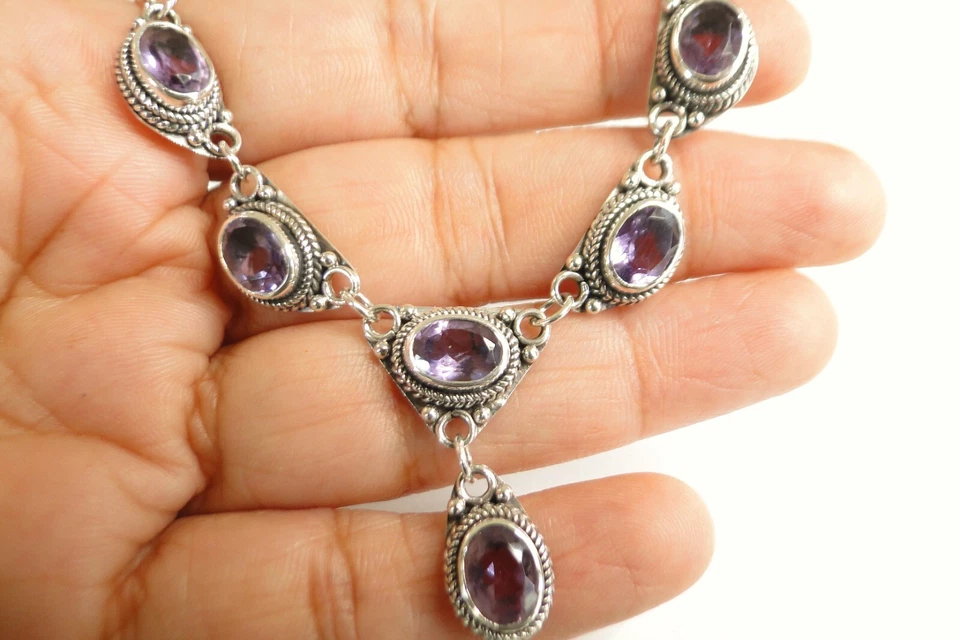 Collar de cadena con gota en Y de plata de ley 925 amatista púrpura de 17 pulgadas Foto 2 de 4