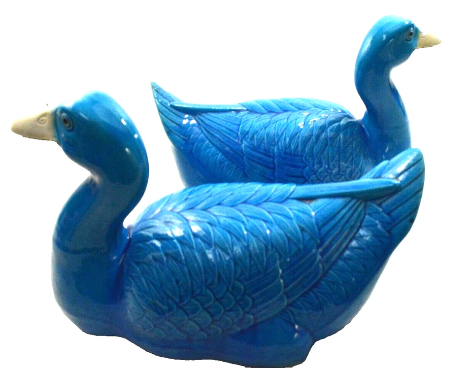 Beautiful Chinese Large Pair of Turquoise Blue Glazed Porcelain Ducks 15" - Image 3 of 4