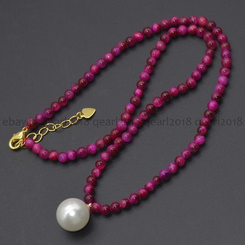 4mm Natural Assorted Gemstone 14mm Round White Shell Pearl Pendant Necklace 18'' - Picture 198 of 198
