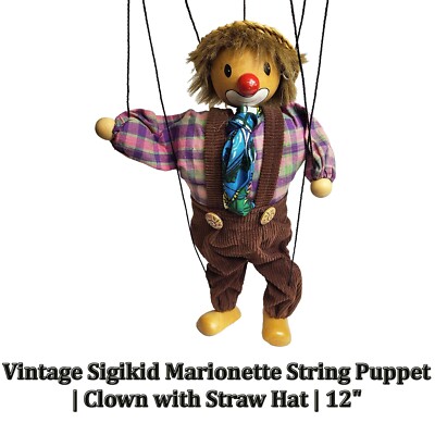 Vintage Sigikid Marionette String Puppet | Clown with Classic Straw Hat | 12''