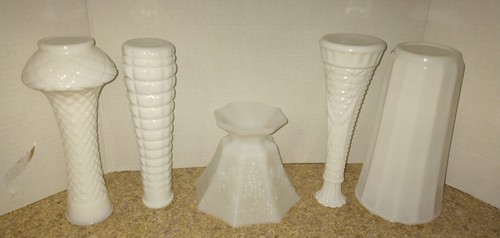 5 PC Vintage White Milk Glass Randall Anchor Hocking Wexford Depression Vases - Picture 17 of 17