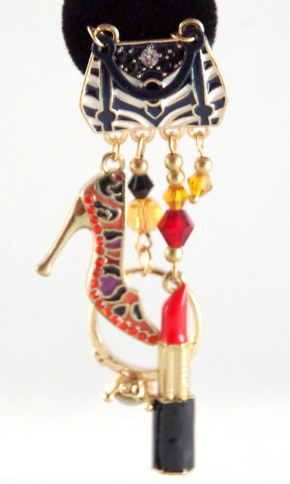 3" NEW BETSEY JOHNSON HIGH HEEL SHOE HANDBAG LIPSTICK RING DROP DANGLE