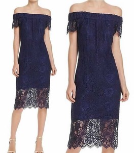 navy blue off the shoulder midi dress