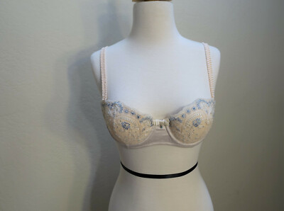 Montelle Intimates 34B lace underwire padded bra and thong set, ivory w/blue