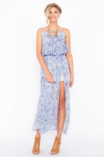 NEW Sugar Lips Blue Print "Daydream" Maxi Dress w/ High Slit SugarLips XS S M L - Picture 2 of 6