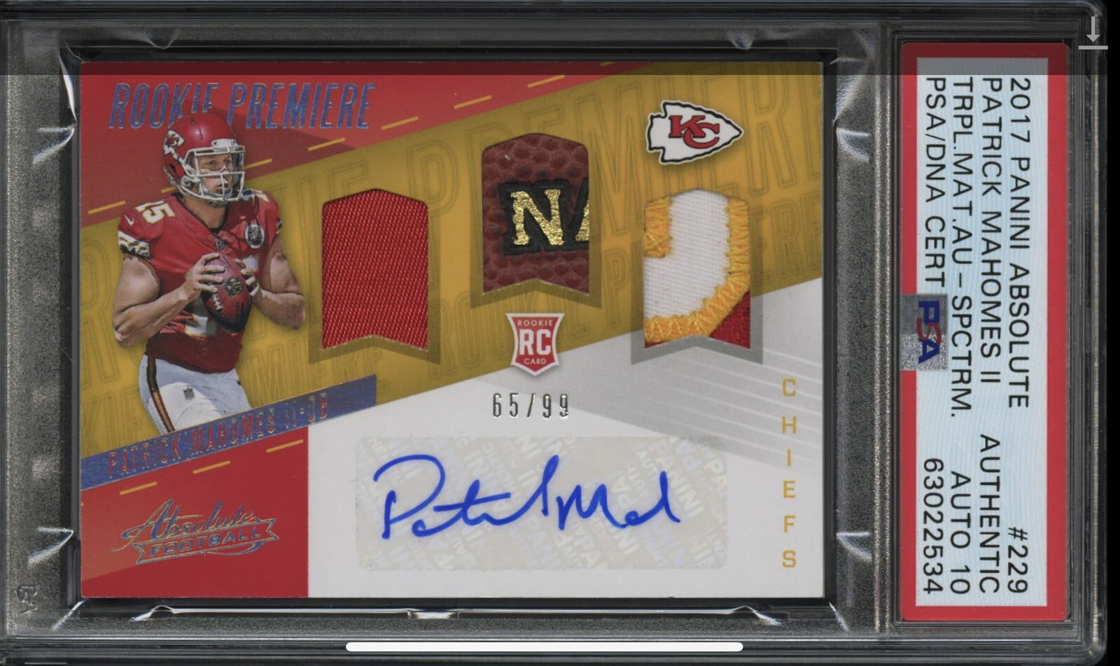 2017 Absolute Patrick Mahomes /99 Auto Premiere Triple Materials PSA/DNA 10 #299