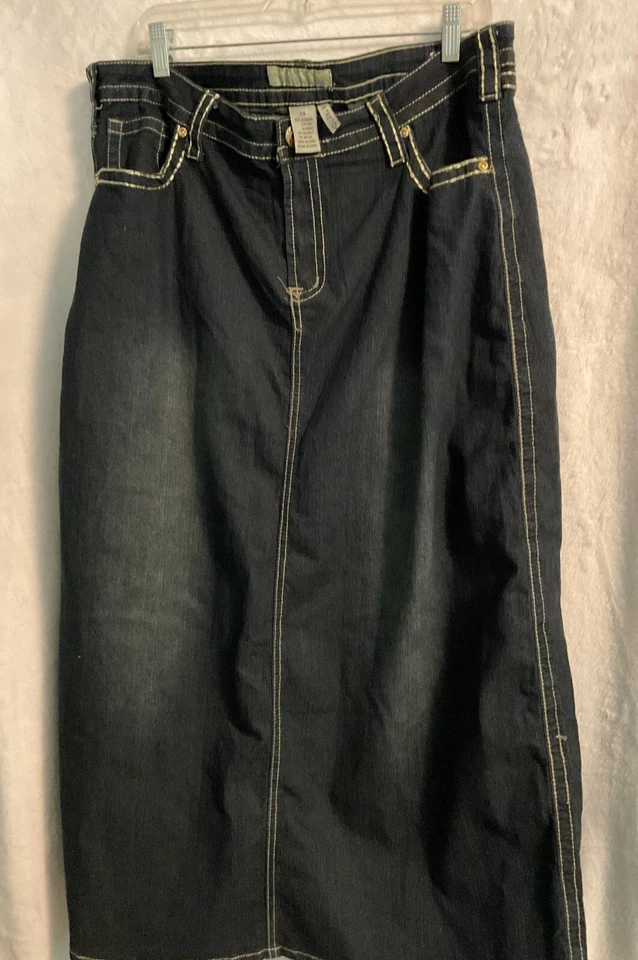 Falda Larga Denim Azul Elastizada Cosida Botón Cremallera Algodón Algodon Spandex Plus Foto 4 de 4