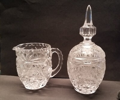 Vtg Antique Floral Deep Cut Brilliant Glass Sugar Creamer with Lid 
