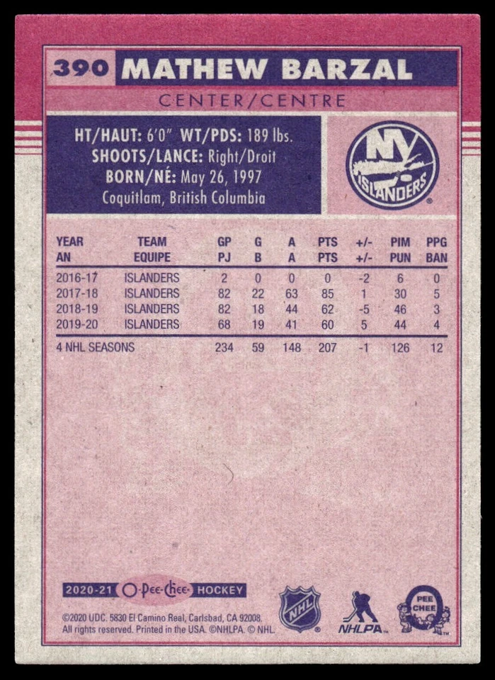 2020-21 O PEE CHEE RETRO ALL STARS Mathew Barzal New York Islanders #390 - Image 2 of 2