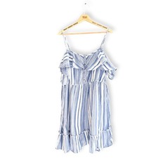 Ladies Blue White Striped Cold Shoulder 100% Cotton Summer Dress Size 22