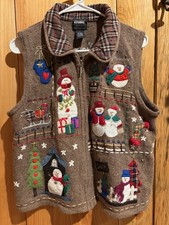 Designer Original Full Zip Brown Sweater Vest W/Snowmen  Plaid Collar Size L