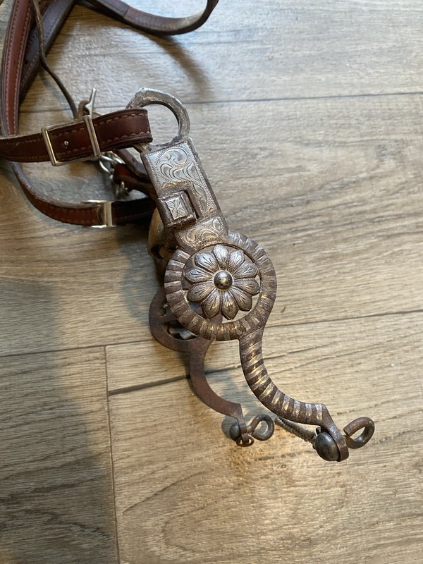 Western Brown Leather Headstall w/ Silver Floral Engraved Bit & Chain