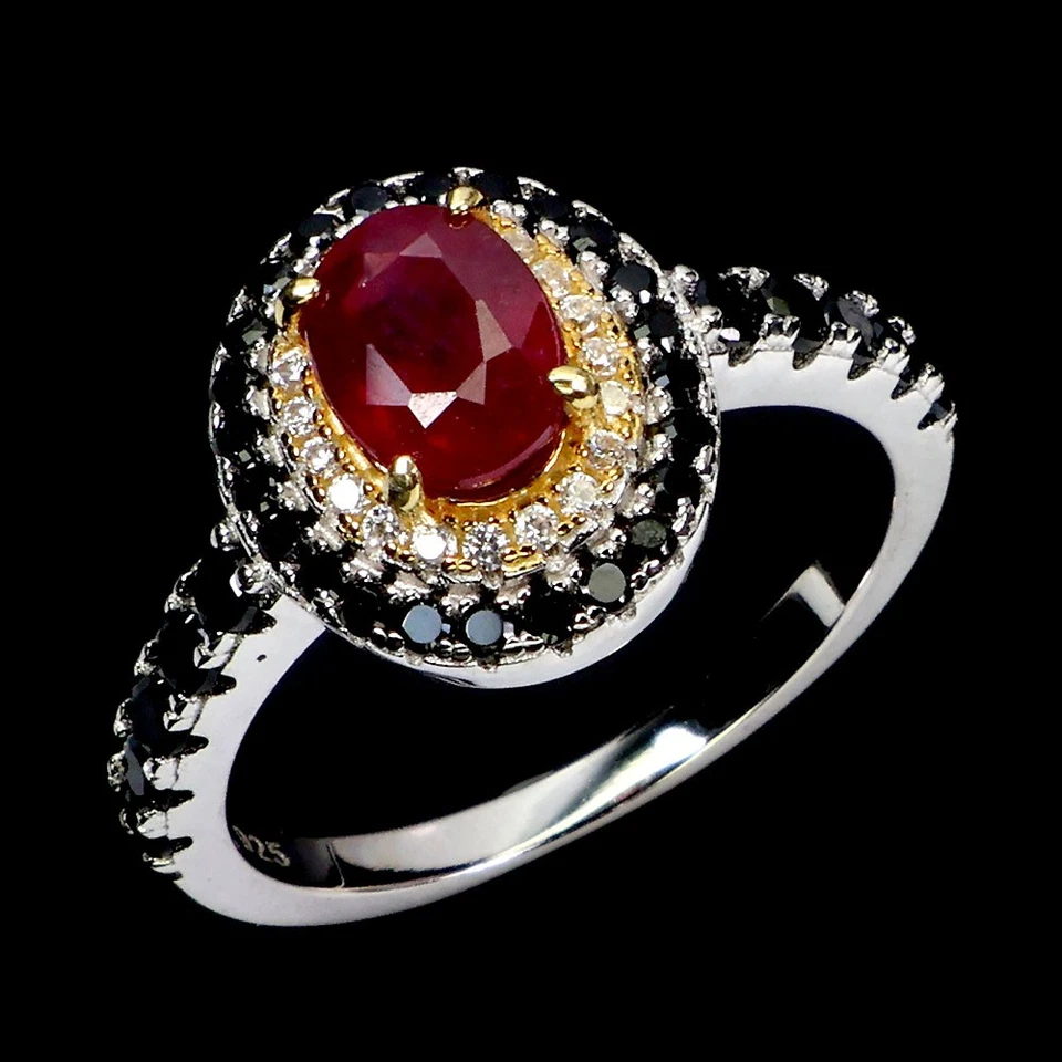 925 Anello Argento Sterling Ovale Rubino 7x5mm Spinello Naturale Gemma Misura 8 - Immagine 2 di 4