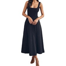 Women Sleeveless Minimalist Square Neck Spaghetti Strap Dress Open Back Maxi