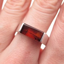 925 Sterling Silver Vintage SP Poland Real Amber Modernist Ring Size 8