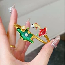 Vintage Lotus Pond Moonlight Bangle Inlaid Moissanite Zircon Pearls Enamel