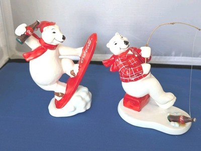 2 Coca -Cola Polar Bear Figurines Surf Board & Ice Fishing (READ)