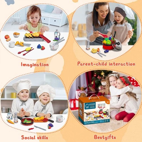 Kinder 76-teilig Küche Lebensmittel Kochutensilien Töpfe Pfannen Zubehör Spielzeug Spielen Set - Bild 3 von 7