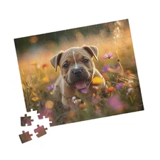 Pit Bull Puppy in Wildflowers Jigsaw Puzzle Scenic Dog Art