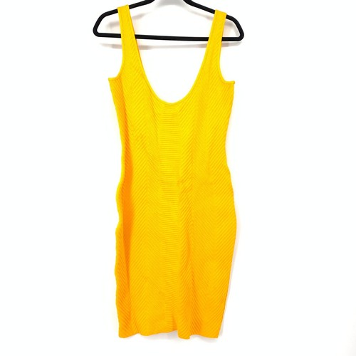 Herve Leger Ottoman Scoop-Neck Ribbed Mini Dress Womens Sz M Golden Yellow