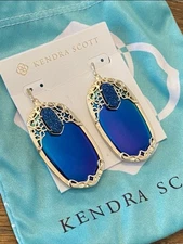 Kendra Scott Deva Statement Earrings Black Iridescent & Blue Druzy In Gold RARE