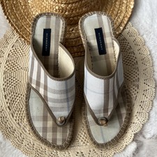 Burberry Beige Nova Check Canvas Espadrille Thong Wedge Sandals Womens Size 37