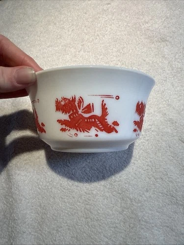 Vintage Hazel Atlas Platonite Milk Glass Red Scottie Dog Childrens Cereal Bowl