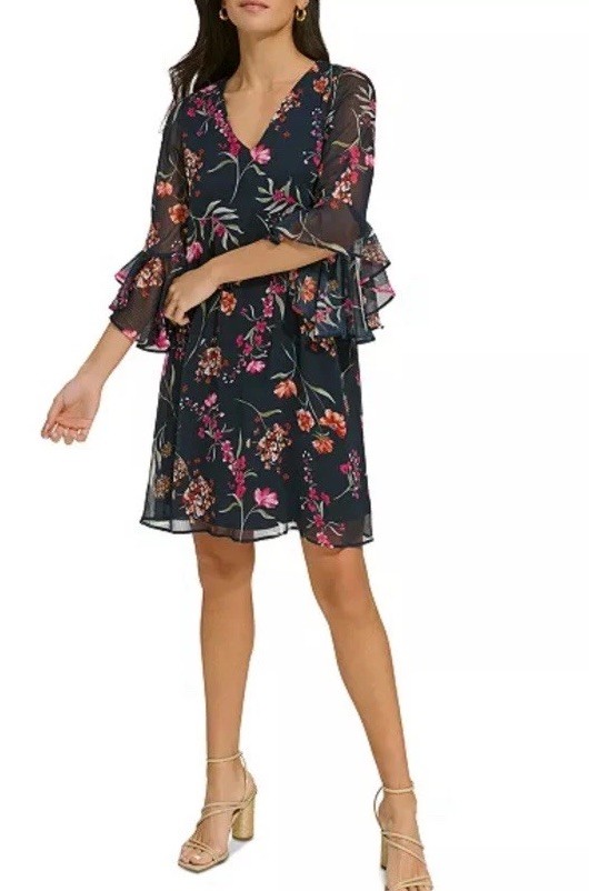 Calvin Klein Dress Size 12 Chiffon Bell Sleeve Black Floral MSRP $119 NWT thumbnail 11