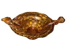 Vintage Amber Glass Basket Weave Candy Dish Twisted Handles Mint Made In Italy