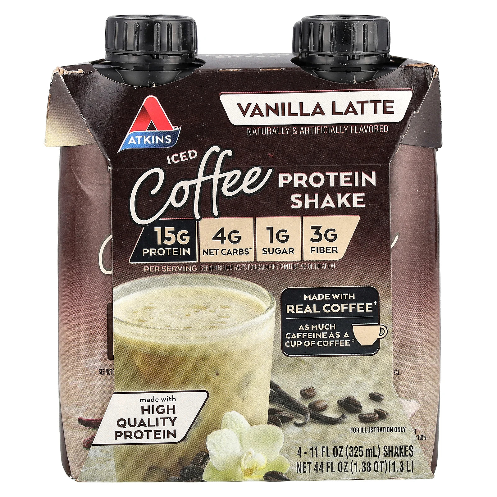 Протеи коктейль с кофе и льдом, Ванильный латте, 4 коктейля по 11 жидких унций (325 мл) в каждом