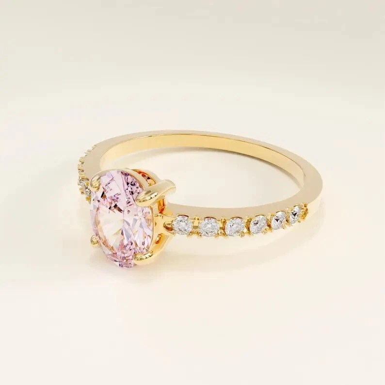 1.2 Ct Oval Cut Lab-Created Peach Morganite Side Stone Ring 14K Rose Gold Plated - Image 3 of 4