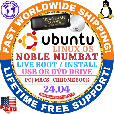 UBUNTU Linux OS 24.04.2 LTS 64-Bit BOOTABLE USB, LIVE BOOT / INSTALL, MAC & PC