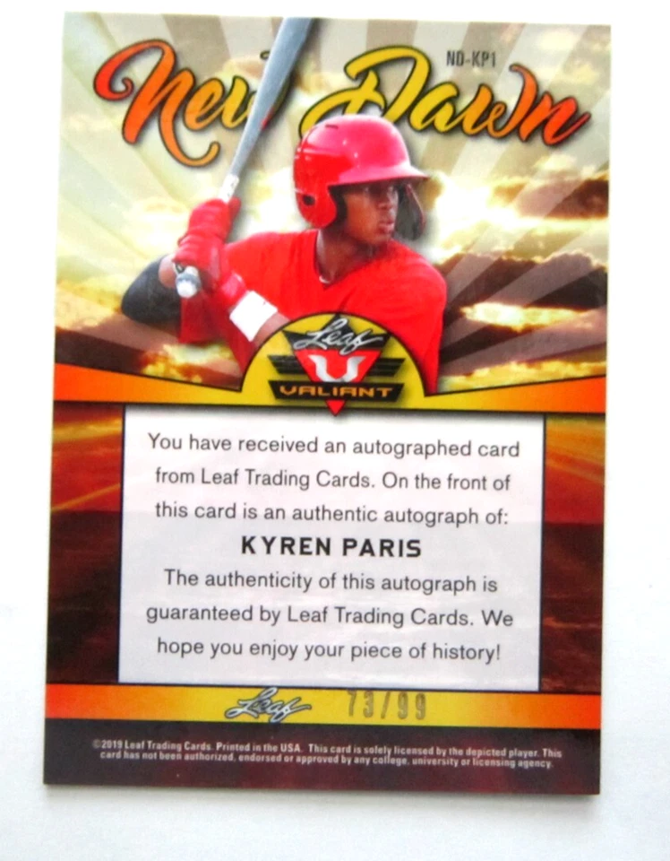 KYREN PARIS 2019 LEAF VALIANT GREEN REFRACTOR ROOKIE AUTO#73/99!ANGELS RC - Image 4 of 4
