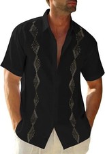 Men Cuban Guayabera Linen Cotton Short Sleeve Button Down Beach Wedding Shirt