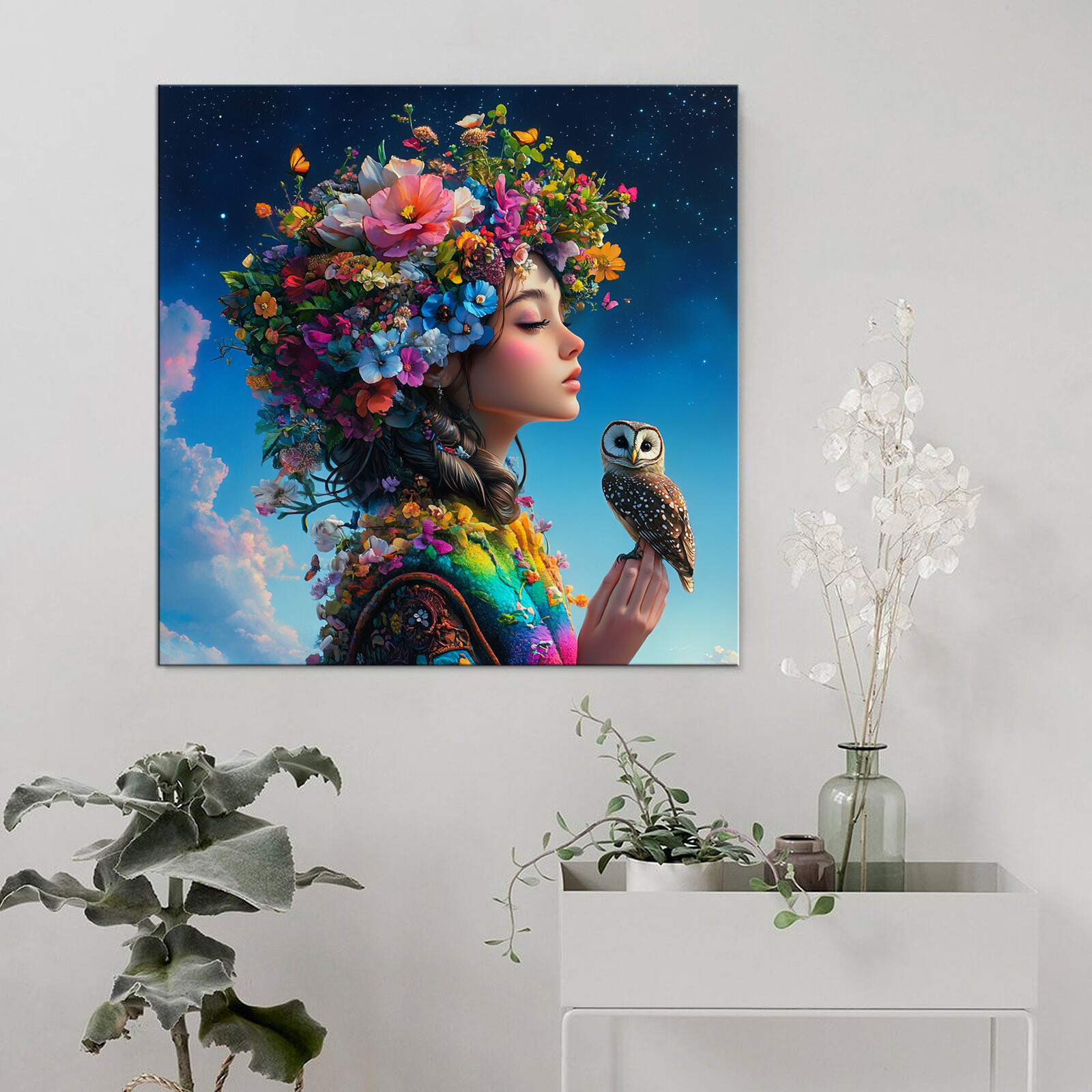 Dream Girl Poster Prints Wear Colorful Flowers on Their Heads Canvas Wall Art 36